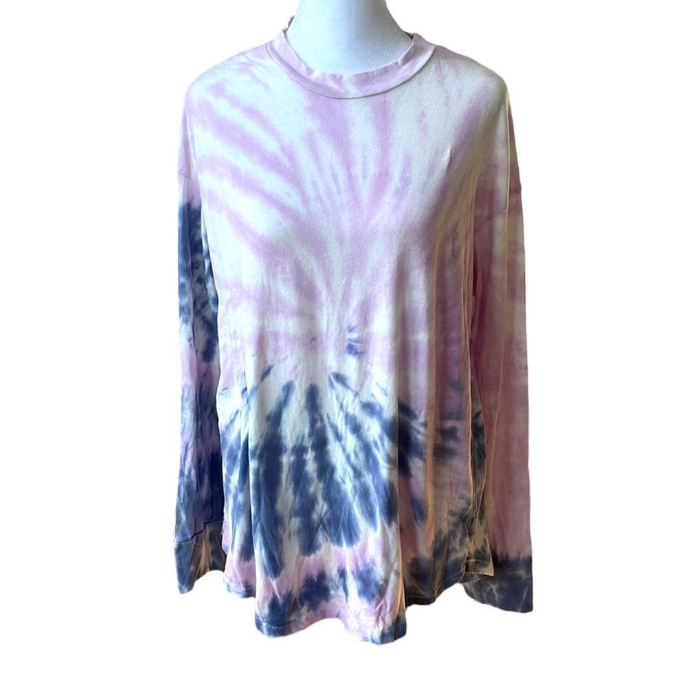 American Eagle Purple Blue Tie Dye Long Sleeve Curve Hem Tee Shirt Size M